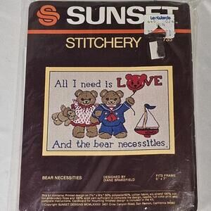 Vintage Sunset Stitchery Bear Necessities #735 Embroidery Kit 5"x 7" Teddy Bears